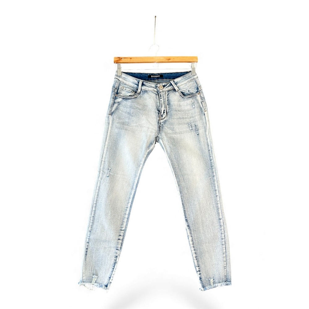 Bamboo‎ Jeans Women Light Wash Distressed Frayed Hem Skinny Denim Pants Size 13